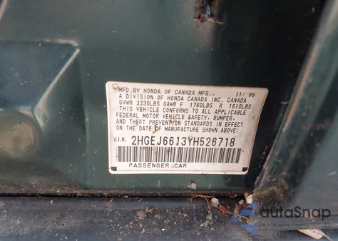 2000 Honda Civic Value Package z USA, uszkodzony, nr VIN 2HGEJ6613YH526718